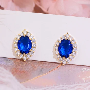 Yeni Popüler Tasarım 14K Altın Kaplama Kraliyet Mavi Oval Kristal Küpe Kadınlar Kız Takı için S925 Gümüş İğne AAA Zirkonya Saplama