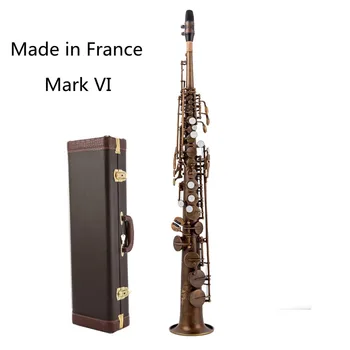 Fransa'da yapılan Mark VI Pirinç Düz Soprano Saksafon Saksafon Bb B Düz Nefesli Enstrüman Doğal kılıflı anahtar Carve Desen