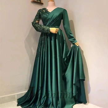 Koyu Yeşil Saten Modern Vintage Boncuk Abiye A-Line Plise Uzun Kollu Sipariş Elbiseler De Soirée Örgün Balo