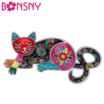 Bonsny Metal Emaye Alaşım Güzel Kedi Yavru Broş Çiçek Hayvan Giyim Pin Takı Kadınlar Gençler Kızlar Için Parti Hediyeler Charms