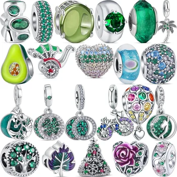 Yeni 925 Gümüş Yeşil Serisi Ağacı Çiçek Zirkon Kalp Pavé Boncuk Fit Orijinal Pandora Takılar Bilezik DIY Gümüş 925 Güzel Takı