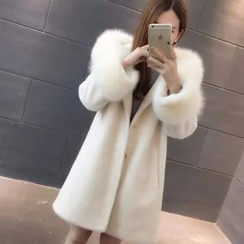 Faux Kürk Ceket Kadınlar Kış Kore Moda Kapşonlu Faux Fox Kürk Kalınlaşmış Slim Fit Uzun Kollu Lugentolo