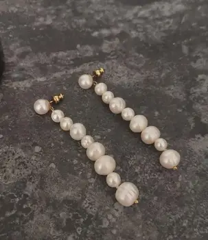 Benzersiz Tasarım AA inci küpeler, Beyaz 4-9mm Hakiki Tatlısu İnci Uzun Gümüş düğme küpe, düğün Doğum Günü Partisi Kadın Hediye