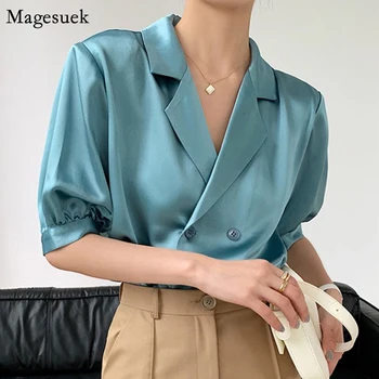 Gevşek Mavi Saten Gömlek Kadın Zarif Çentikli Ofis İpek Gömlek Kadın Katı Kruvaze Puf Kollu Üst Casual Bluzlar 22187