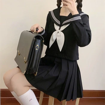 Japon Okul Üniformaları Tarzı S-2xl Öğrenci Kızlar Donanma Kostüm Kadınlar Seksi Siyah JK Takım Denizci Bluz Pilili Etek Seti