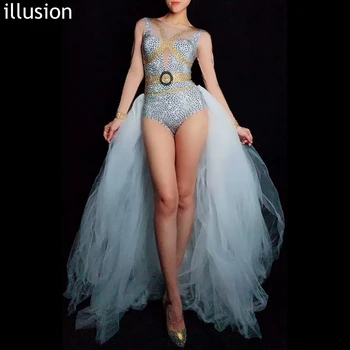 Moda Gümüş Altın Rhinestones Bodysuit Kadınlar Beyaz Örgü Kuyruk Doğum Günü Partisi Kıyafeti Bayan Şarkıcı Dans Kostümleri Sahne Giyim