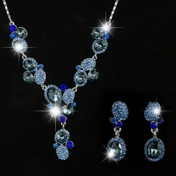 Bohem Tarzı takı seti s Tavuskuşu Mavi Kristal Rhinestone Yaka Kolye düğme küpe takı seti Kadınlar Düğün Parti için