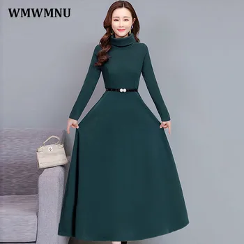 Kış sıcak Balıkçı Yaka Zarif Kuşaklı uzun elbise Kadınlar Vintage Uzun Kollu Katı A-Line Elbiseler Casual Maxi Vestidos Mujer 2022