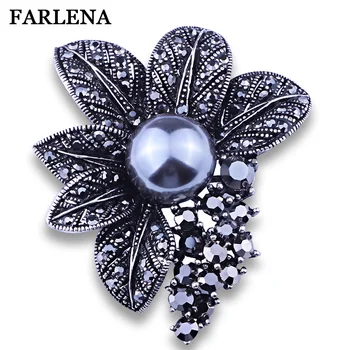 FARLENA Takı Taklit Gri İnci Kristal Çiçek Kazak Pimleri ve Broşlar Vintage Siyah Rhinestone Broş Kadınlar için