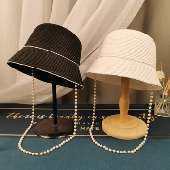 2021 Moda Yaz İnci Zincir Düz güneş şapkaları Kadınlar için Hasır şapka Panama plaj kovası Kap