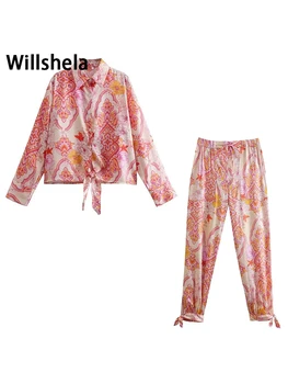 Willshela Kadın Moda Iki Parçalı Set Baskılı Tek Göğüslü Bluz ve Vintage Elastik Bel Pantolon Kadın Şık Bayan Pantolon Setleri