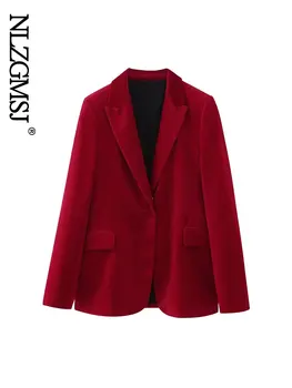 Nlzgmsj Kadın Kırmızı Ceket 2023 Sonbahar Moda Blazer Ceket Vintage Bayan Ofis Uzun Kollu Cep Kadın İş Giyim Şık