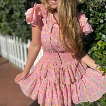 2021 Yaz Pembe Çiçek Baskı Ruffled Düzeltir Elbiseler Kadın Pintucked Ön Katmanlı Sevimli Elbise V Yaka tatil elbisesi