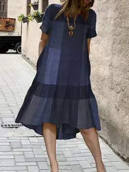 2022 Yaz Vintage Elbise Kadınlar ZANZEA Pamuk Keten Midi Vestidos Casual Yüksek Düşük Ekose Sundress Kısa Kollu Elbise