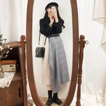 Yeni Harajuku Uzun Etek gri Ekose Etek Kadın Bluz takım elbise Kız Pilili Ekose Etek vintage Uzun Etek ayrı Satılır
