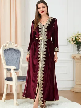 Zarif Kış Kadife Müslüman Elbise Kadınlar Abaya Dantel-up Fas Parti Elbiseler Kalınlaşmak Abayas Kaftan İslam Türkiye Arap Uzun Elbise