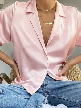 Rahat Leke Üstleri Ve Bluz Kısa Kollu Turn Down Yaka Konfor Moda Femme Gömlek Düğmesi Düz Renk 2022 Yaz