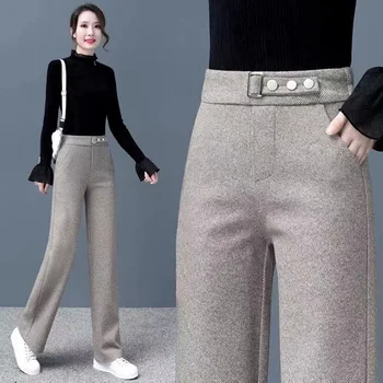 2022 Sonbahar Kış Yeni Geniş bacak yün pantolon kadın Yüksek Bel Örtü Gevşek İnce Moda Düz pantolon günlük pantolon