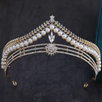 UODCM Lüks Barok Inci Kristal Düğün Taç Kraliçe Tiaras Bantlar Balo Headdress Gelin Diadem Saç Takı Aksesuarları