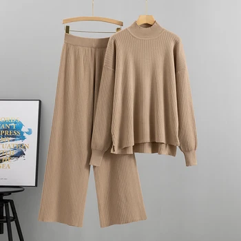 Sonbahar Kış Balıkçı Yaka Örme Setleri Kadın Gevşek Kazak + Geniş Bacak Pantolon Eşofman Kadın Kalın Sıcak 2 Parça Setleri Kadın Kıyafetleri