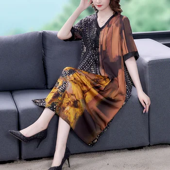 Kadın Çiçek Dut İpek Kısa Kollu Midi Elbise Yaz Yeni Zarif Gevşek Bel rahat elbise 2022 Kore Vintage gece elbisesi