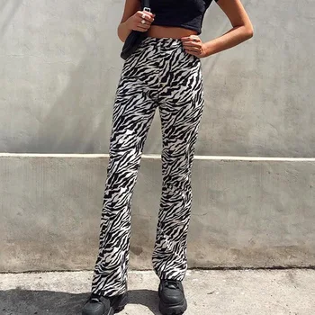 Kadın Zarif Pantolon Zebra Hayvan Baskı Kapriler Harajuku Yüksek Bel Pantolon Bayanlar Rahat Geniş Bacak Pantolon Kadın Streetwear Y2k