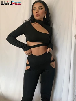 Garip Puss Hollow Seksi Kadınlar 2 Parça Set Düzensiz Chic Skinny Katı Uzun Kollu Mahsul Tops + Yüksek Bel Tayt Eşleştirme Kıyafetler