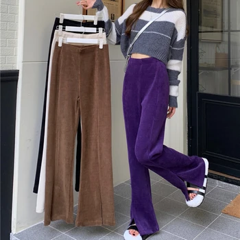 Kore Trend Katı Kadife Y2K Pantolon Kadın Bayan Zarif Flare pantolon Tam Boy Yüksek Bel Vintage Streetwear Kış Pantolon