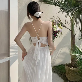 2022 Yaz kadın Zarif Şifon askı elbise Seksi Backless V Yaka Beyaz Pilili Plaj Elbise Moda Lüks Bayan Giyim