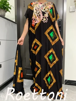 Büyük boy Yeni Baskı Afrika-Türkiye kadın Maxi Elbiseler Kısa Kollu Pamuklu Eşarp Halat Nakış Jalabiya Gevşek Giysiler