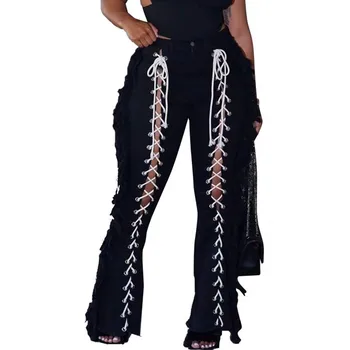 Püskül Flare Pantolon Kadın Orta Bel Fermuar Pantolon 2022 Yaz Yeni Kuşgözü Çapraz Lace Up Hollow Moda Y2K Pantolon Ropa Mujer