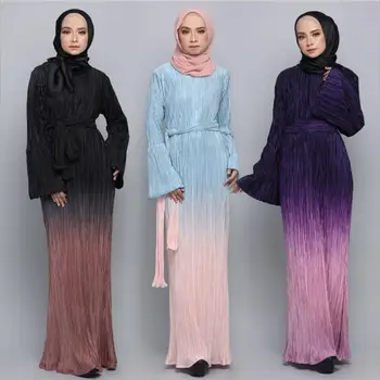 Degrade gökkuşağı baskılı pilili Müslüman elbise streç müslüman abayas dubai islam oldu ince abayas kemer ile F1607 dropship