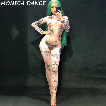 Kadın Sahne Çıplak Dövme 3D Baskı Seksi Tulum Gece Kulübü Parti Bodysuit Sahne Giyim Dansçı Şarkıcı Performans Giyim