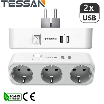 TESSAN USB Soket Çoklu Fiş güç şeridi ile 3 Yollu Prizler 2 USB Bağlantı Noktası Anahtarı AB Duvar Soket Genişletici Adaptörü Ev Seyahat için
