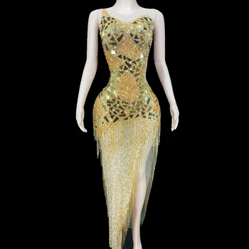 Sparkly Altın Ayna Rhinestones Saçaklar uzun elbise Kolsuz Kadın Kutlamak Akşam Doğum Günü Elbise Seksi Bölünmüş Parti Kıyafet