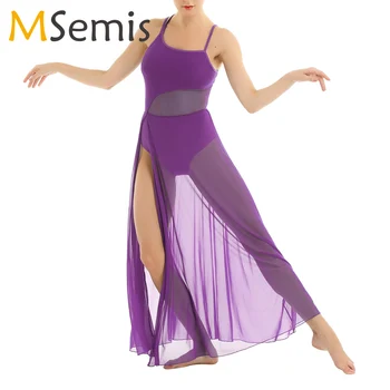 Kadın Bale Mayoları Modern Lirik dans kostümü Kolsuz Aç Geri Sahne Performansı Maxi Dans Elbise Dahili Leotard