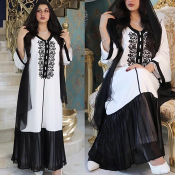 Yeni Dubai Abaya Nakış Kaftan Kadın şifon uzun elbise Müslüman Kaftan Türkiye Robe Fas Kıyafeti Eid Ramazan İslam Giyim
