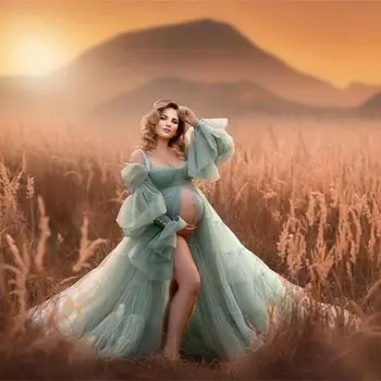 Tozlu Adaçayı hamile elbiseleri Sevgiliye Tül Pileli Uzun Kollu Boho Balo elbisesi Kadın Parti Elbiseler Photoshoot için