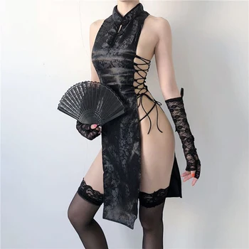 Yüksek Bölünmüş Bandaj Mini Elbise Qipao Seksi Iç Çamaşırı Cheongsam Üniforma Kadın Çin Geleneksel Parti Elbise Gece Kulübü Kostümleri