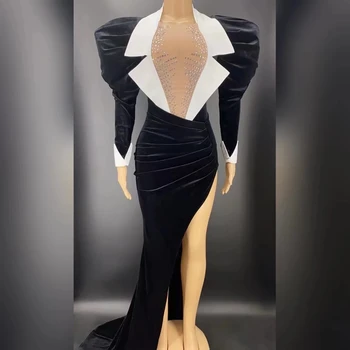 Siyah Kadife Kadın Şarkıcı Akşam Elbise Büyük Kollu 2 Adet Bodysuit Uzun Kuyruk Etek Elbise Seti Doğum Günü Kutlamak Dans Kıyafeti