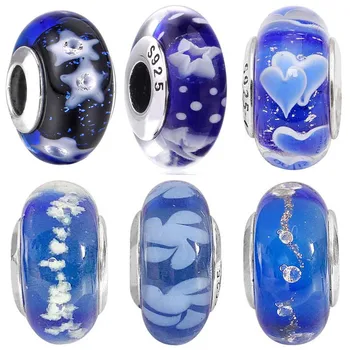 Orijinal Mavi Yıldızlı Gece Çift Kalp Efervesan Murano Cam Boncuk Takı Fit 925 Gümüş Charm Popüler Bilezik