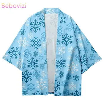 Kar tanesi Baskı Açık Mavi Kimono Streetwear Erkekler Hırka Japon Haori Giysileri Yaz Plaj Yukata Cosplay Casual Gömlek Tops