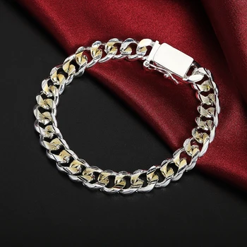 Sıcak yeni 925 som gümüş bileklikler Altın 10mm Kare erkek Zincir yüksek kalite Düğün parti noel hediyesi moda takı