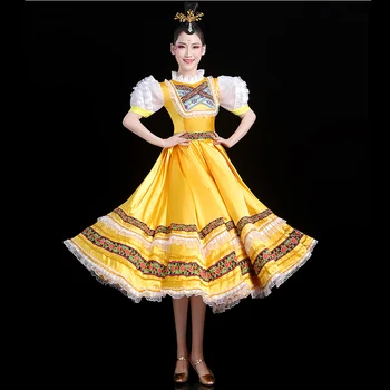 Rus halk dans kostümü Avrupa Tarzı Muhteşem Sarı Saray Elbise Prenses Hizmetçi Kostüm Sahne Performansı Açılış Dans