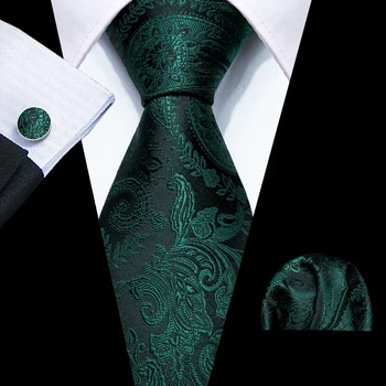 3 ADET Koyu Yeşil Çiçek Erkek Kravat 8.5 cm İpek Kravatlar Düğün İş Mendil Kol Düğmesi Kravat Hediye Seti Barry.Wang FA-6037