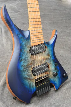 2021 yeni Fanlı frets 7 Dizeleri Başsız Elektro Gitar mavi patlama renk Kavrulmuş Akçaağaç Boyun Ergonomik asimetrik boyun