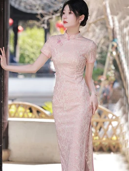 2022 çin elbisesi Pembe 3XL Qipao Abiye Jakarlı Cosplay Cheongsam Cheongsams Çin Tarzı Geleneksel Kostümleri Elbise