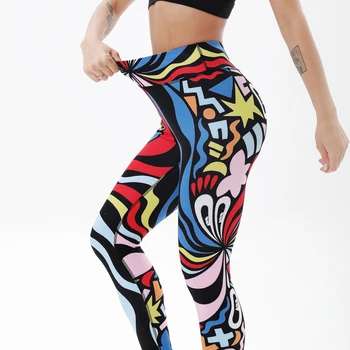 Yeni varış Kadın Karikatür Renkli Baskı Tayt Egzersiz Koşu İçin Yüksek Bel Spor Legging Mujer Streç fitness pantolonları Spor