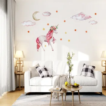 Unicorn 3D Duvar Sticker Renkli Hayvanlar Bulut Duvar Çıkartmaları Çocuk Kız Odası Posteri Duvar Kağıdı Ev Dekor DIY Hayvan Duvar Sanatı