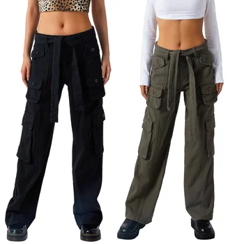 Kadın Sonbahar Kargo Pantolon Düz Renk Düşük Bel Gevşek Fit günlük pantolon Çok Cepler Kızlar için Gri / Siyah / Kahverengi